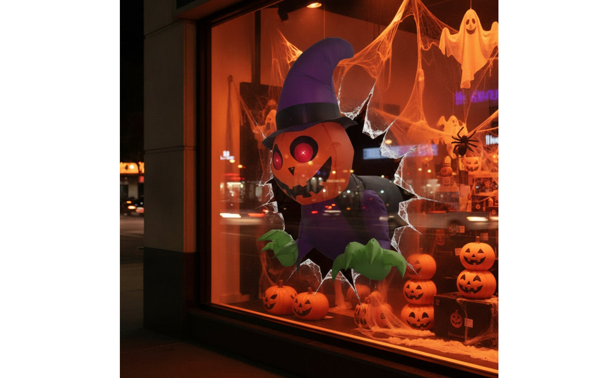 Whimsical Inflatable Ghost with Witch Hat Cute Halloween Inflatable Ghost Adorable Decoration Playful for Homeowners, Retailers, Window Display, Storefront, Indoor