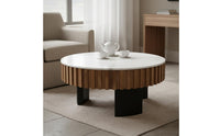 2 Pieces Light Luxury Design Wood and Stone Coffee Table Set Multi-Material Round Coffee Table Set for Lounge Area