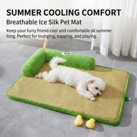 Ice Silk Dog Bed, Washable Cooling Dog Sofa, Bolster Neck Support for Summer, Square Cat Bed