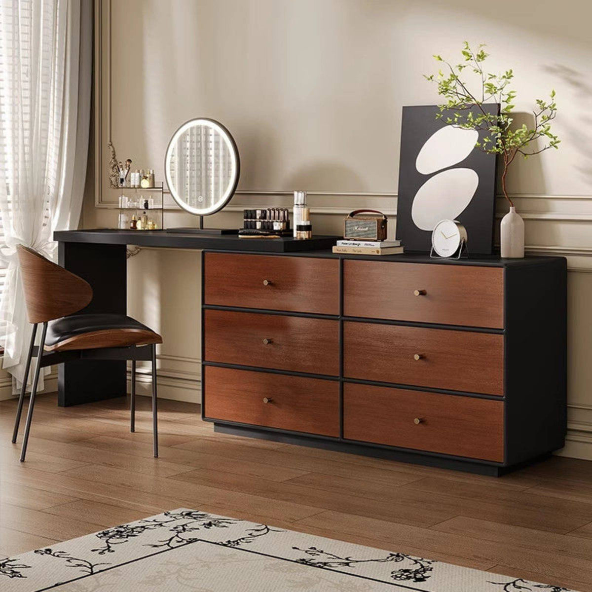 Solid Wood Construction 6-Drawer Dresser Vanity Combo Multi-Functional L-Shaped Makeup Table Multifunctional Extendable Makeup Table Rotatable for Women