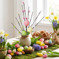Artificial Easter Egg Branch with Speckled Eggs & Pussy Willow, Decorative Spring Twig Stem, Bendable Flower Pick for Vase, DIY Wreath, Home Decor & Table Centrepiece