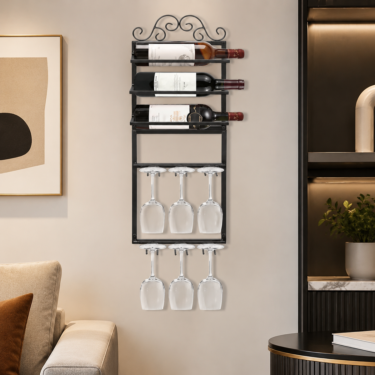 Wall-Mounted Wine Rack, With Glass Holder, 26x71cm, Metal Matte Black, Modern Design