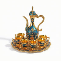 Ornate Wine Serving Set with Tray Gold-Toned Ewer and Cup Set Embossed Wine Goblets Vintage Style for Hosts, Collectors, Weddings, Home Bar, Dining Room, Housewarming