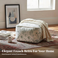 French design Woven Square Pouf Black and cream Pattern Floor seat Retro Design Ottoman Jacquard Weave for Adults, Homeowners, Parents, Living Room, perusing corner, Bedroom