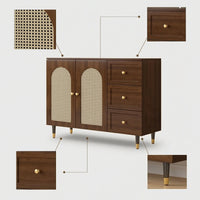 Storage Cabinet with Rattan Doors Wood-Grain Rattan Sideboard Wooden Floor Cabinet with Legs for Renters, Dining Room, Entryway, Kitchen