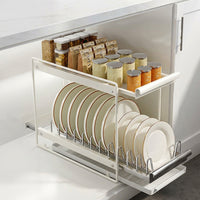 Pull-out Dish Rack with Pull-out Storage Tray, Stainless Steel Cabinet Organizer, Pull-out Bowl Rack for Kitchen Drawer, Cabinet Pull-out Unit