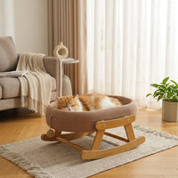 Cat Swing Rocking Bed with Scratching Board, Solid Wood Frame Indoor Cat Scratcher, Warm Winter Kitten Bed for Comfortable Resting and Play