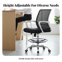 Ergonomic Backrest Drafting Chair with Foot Loop 360-Degree Swivel Adjustable Mesh Chair with Footloop Rolling Casters Office Furniture Support for Receptionists, Architects, Professionals, Bar Counter, Reception Desk, Art Studio, Workshop