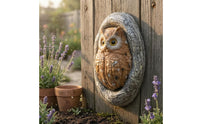 Feather-Textured Owl Wall Hanging Bark-Like Frame Resin Owl Ornament 3D Carved Details for Garden, Courtyard