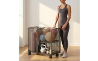 Two-Tier Fitness Storage Rack Caster Wheels Mesh Storage Carrier uncoveredTop Sports Equipment Organizer Heavy-Duty Steel for Home Gym