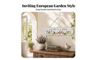 Floral and Bird Motif Metal Welcome Sign Scalloped Edges Hanging Welcome Plaque Gold-Tone Chain Hanging Wall Sign Pale Green Trim for Fence