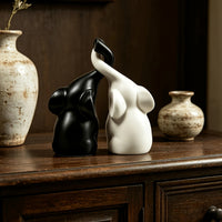 Set of 2 Intertwined Elephant Statue Black and White Loving Elephant Statue Matte Finish Couple Figurine Smooth