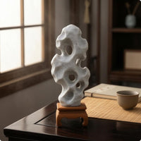 Natural Openings Taihu Stone Ornament Pale Gray Miniature Stone Decoration for Courtyard Scenes, Dollhouses