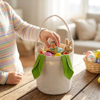 Canvas Easter Basket with Green Bunny Ears, Portable Tote Bag for Egg Hunts, Reusable Fabric Gift Sack for Kids Party Favours and Nursery Storage