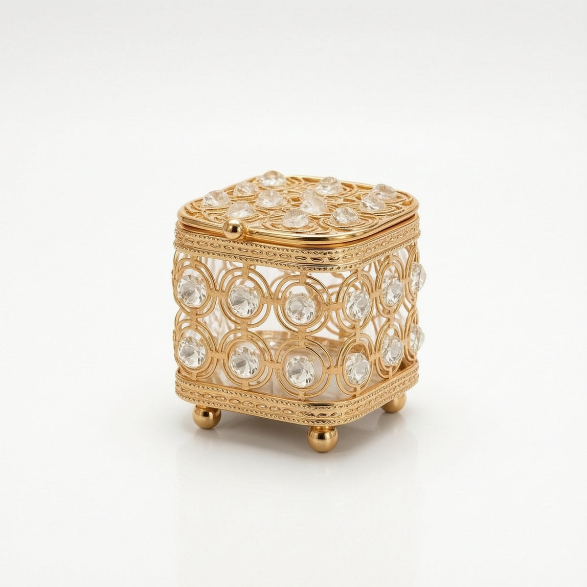 Gold-Tone Jewelry Box with Crystal Embellishments Decorative Jewelry Box with Crystals Ornate Glittering for Women, Vanity, Dresser, Bedside Table
