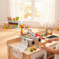 Wooden BBQ Oven Playset Interactive Play Wooden Oven Toy Develops Fine Motor Skills for Kids, Preschoolers