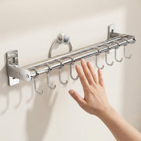 Kitchen Wall Rack, Silver Alloy Double Rod Utensil Rail with Movable Hooks, Wall Mounted Utensil Holder for Pots & Lids