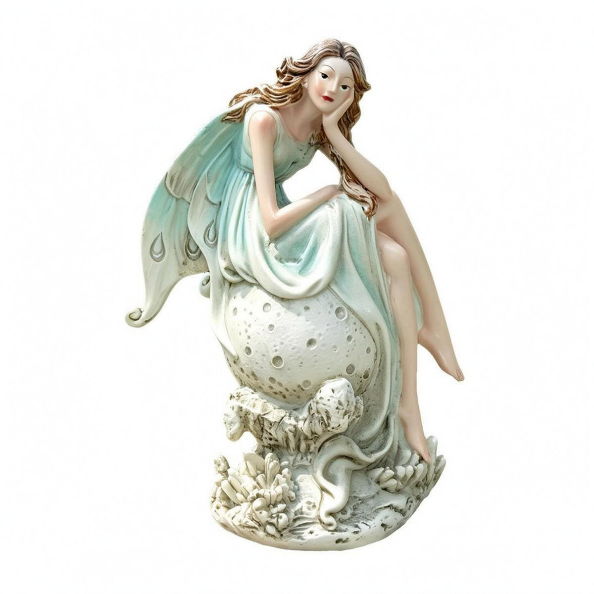 Seated Fairy Woman Statue Organic Carved Base Sitting Fairy Statue Floral