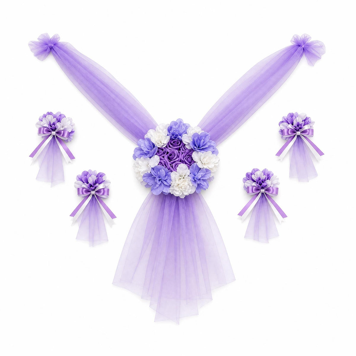 Transparent Tulle Wedding Car Decoration Kit V-Shaped Drape Wedding Car Decoration Set Butterfly-Style Flowers Flower Hood Garland Kit Windshield Strip