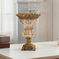 Glass Vase with Base Antique Gold Decorative Glass Vase Sturdy Flower Holder for Entryway