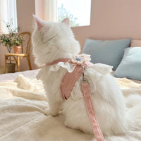 Cat Harness and Cat Leash Set with 1.5m Leash, Pink Nylon Harness for Small Medium Pets, Cute JK Style Outdoor Walking Harness for Cats