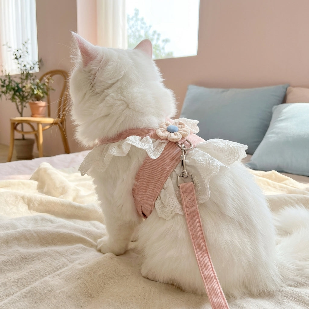 Cat Harness and Leash Set, Pink Nylon JK Style Harness for Small Cat, Walking Vest with 1.5 meter Leash for Pet, Small Medium Fit