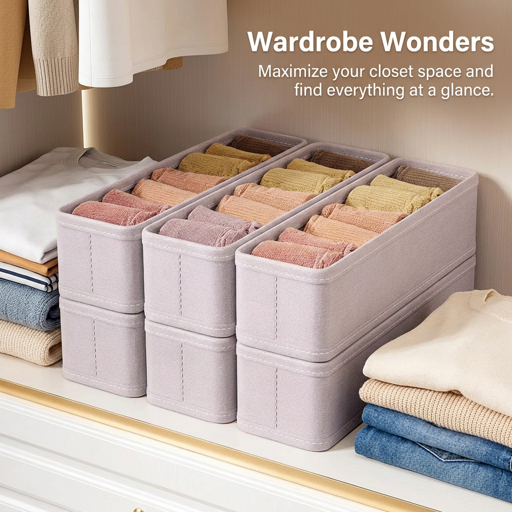 Drawer Organiser Foldable Box, Wardrobe Organiser Foldable Drawer Dividers, Drawer Dividers Box Bins with Handles, Drawer Organiser for Clothes