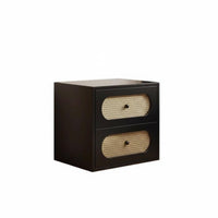 Vintage Aesthetic Rattan-Front Drawer Cabinet Mid-Century-Century Modern Rattan Front Cabinet Boho Aesthetic Nightstand Compact Footprint for Interior Design Enthusiasts, Apartment Dwellers, Homeowners, Guest Room, Entryway, Hallway, Home Office