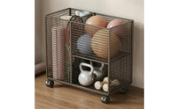 Two-Tier Fitness Storage Rack Caster Wheels Mesh Storage Carrier uncoveredTop Sports Equipment Organizer Heavy-Duty Steel for Home Gym