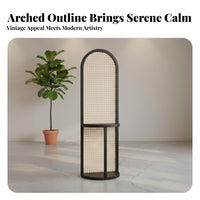 Freestanding Design Arched Woven Divider with Shelf Portable Arched Rattan Partition Japandi Design Privacy Screen Light-Filtering for Apartment Dwellers, Homeowners, Renters, Living Room, Entryway, Bedroom, Away Ice
