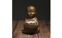 Carved Robe Folds Bronze Monk Candle Holder Polished Bald Head Seated Monk Figurine Compact Lotus Cup Statue Ornamental for Desktop