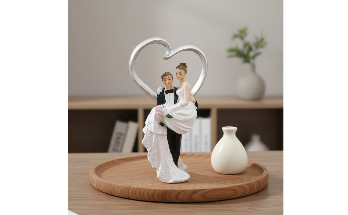 Bride and Groom Figurine with Heart Frame Resin Cake Topper