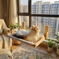 Window Perch Cat Hammock with Solid Wood Frame, Rectangular Window Cat Bed for Large Indoor Cats, Strong Suction Cup Cat Perch Space Saving Bed