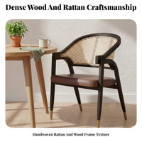 Retro Design Woven Back Armchair Handmade Weaving Cane Back Armchair Upholstered Cushion Dining Seat Breathable Backrest for Interior Designers, Homeowners, Business Owners, Restaurant, Living Room, Kitchen, Bedroom