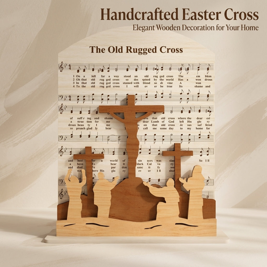 Easter Cross Wooden Ornament, Religious Carved Wood Crucifix for Home Desktop Decor