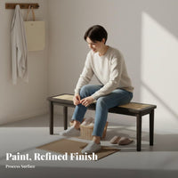 hardwood Wood Frame Woven Top Wooden Bench Japanese aesthetic Woven Top Bench Retro Design Long Stool Minimalist Aesthetic for Interior Designers, Homeowners, Families, Entryway, Bedroom, Dining Room