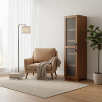 Space-Saving Tall Narrow Bookshelf with Door Enclosed Back Panel Reeded Glass Door Bookcase High Load Capacity Home Furniture Minimalist Design for Living Room, Bedroom