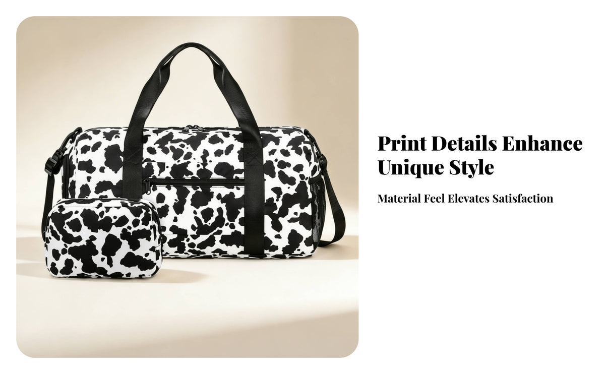 2 Pieces Easy to Clean Bovine-Pattern Duffel Bag Two-Piece Cylindrical Duffel Bag for Sports
