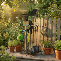 Wheeled Tool Rack Black Garden Storage Universal Multi-Shelf for Garage
