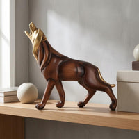 Electroplated Metal Accents Wood Big Feline Statue Detailed Contours Wood Feline Figurine Standing Pose Desktop Ornament