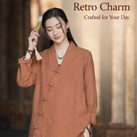 Women Long Sleeve V-Neck Blouse with Handmade Chinese Frog Closure Buttons, Wrap Front for Casual Everyday Wear, Loose Fit Vintage Style Shirt