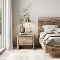 Wabi-Sabi Aesthetic Bedside Nightstand Distressed Finish Side Table Minimalist Design Small Cabinet Single Door Storage for Homeowners, Bedroom, Hotel, Guest Room