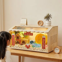 Hamster Cage Wooden Hamster Villa, Luxury Syrian Hamster House, 2-Tier Rectangular Indoor Pet Cage with Top-Opening Access and Exercise Wheel