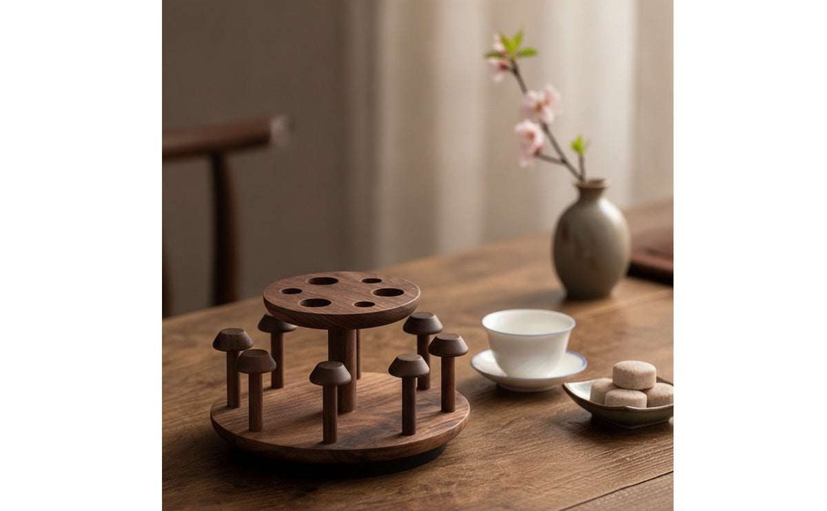 Rotating Tea Cup Rack Compact Wooden Cup Drainage Stand Decorative Mug Rack for Kitchen Countertop