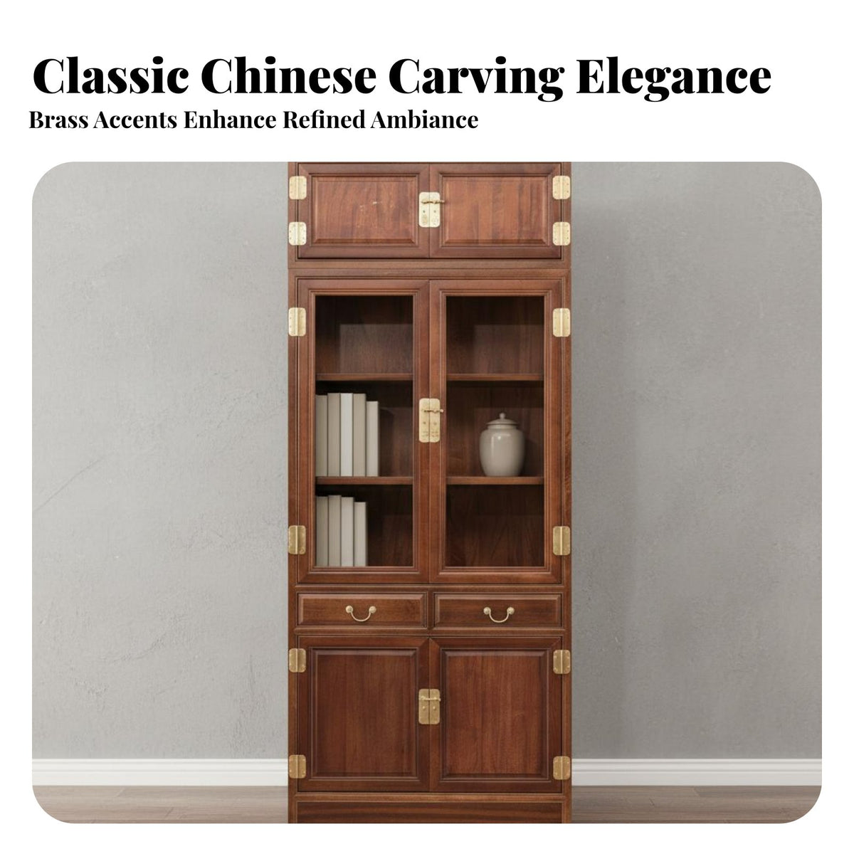 Chinese Design Solid Wood Bookcase Mortise and Tenon Joinery Traditional Wood Bookshelf Construction Wooden Display Cabinet with Glass Doors