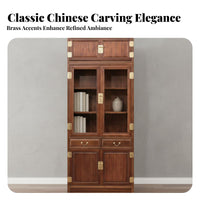 Chinese Design Solid Wood Bookcase Mortise and Tenon Joinery Traditional Wood Bookshelf Construction Wooden Display Cabinet with Glass Doors