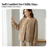 Round Neck Fleece Cardigan Warm women's Fleece Cardigan Soft Collarless Open Front Jacket for Young Adults, Students, Fall Season, Daily Wear, Outdoor
