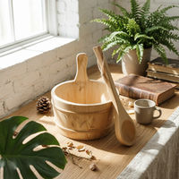 Wooden Sauna Pail Vertical Staves Bath Accessory Hanging Cord