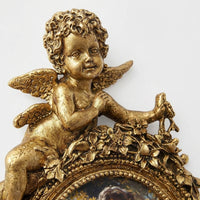 Ornate French Cherub Photo Frame, Handcrafted Resin Angel Photo Frame, Gold Tone Oval Photo Frame, Embossed Floral Resin Photo Frame