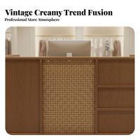 Rattan Reception Desk Large Capacity Storage Boutique Checkout Counter Spacious Desktop Boho Design Front Desk for Office Managers, Lobby